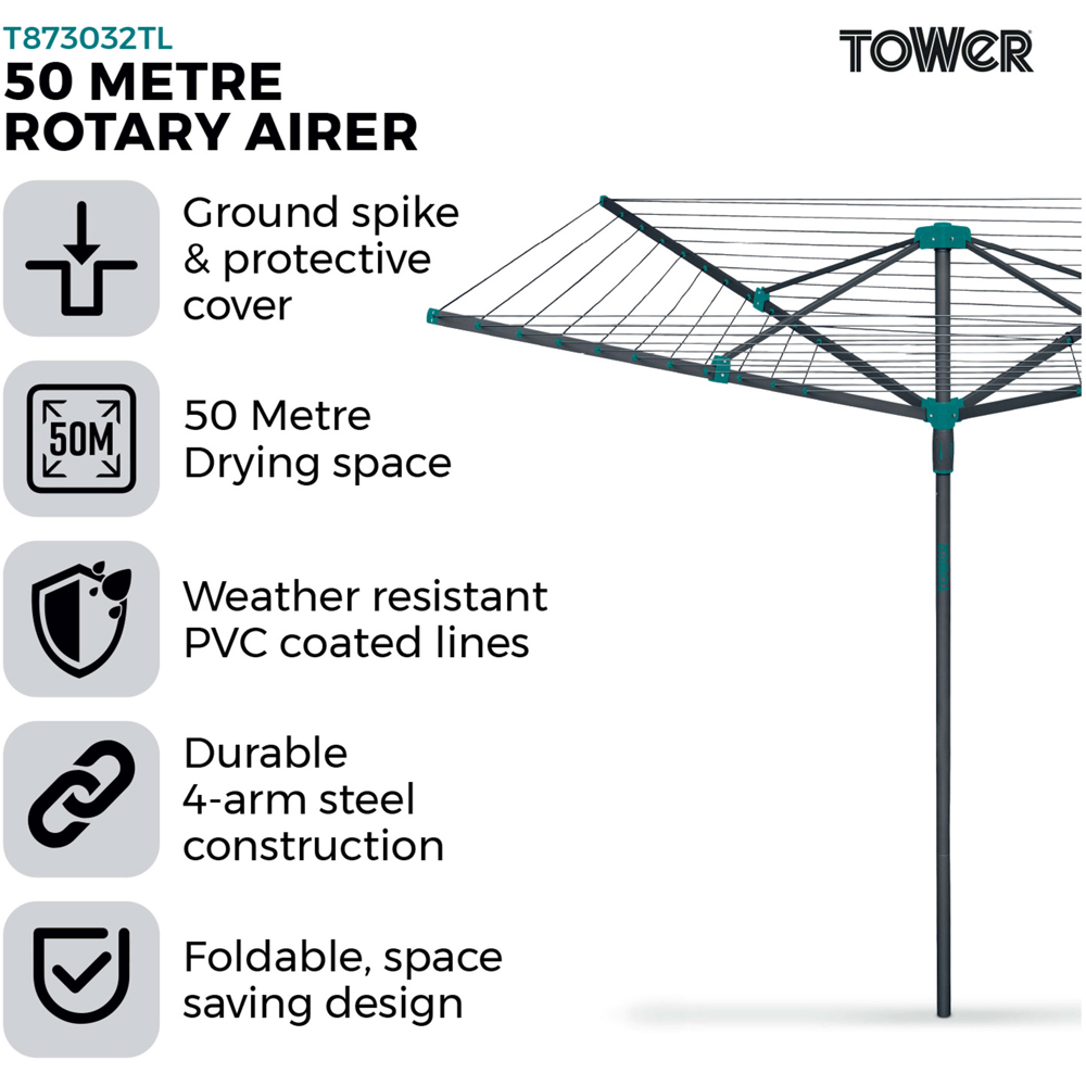 Tower 4 Arm Rotary Airer 50m Image 3