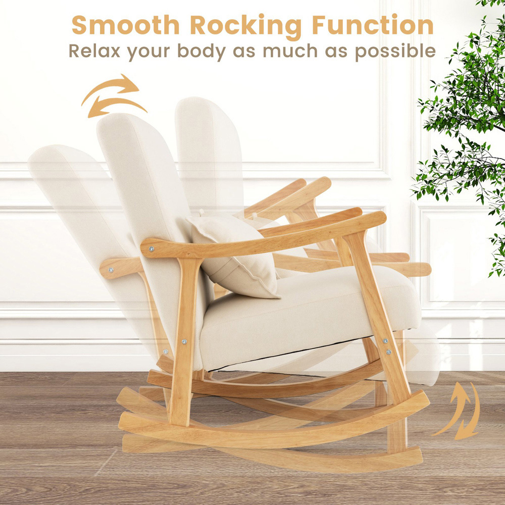 Costway Beige Upholstered Rubber Wood Frame Rocking Chair Image 9
