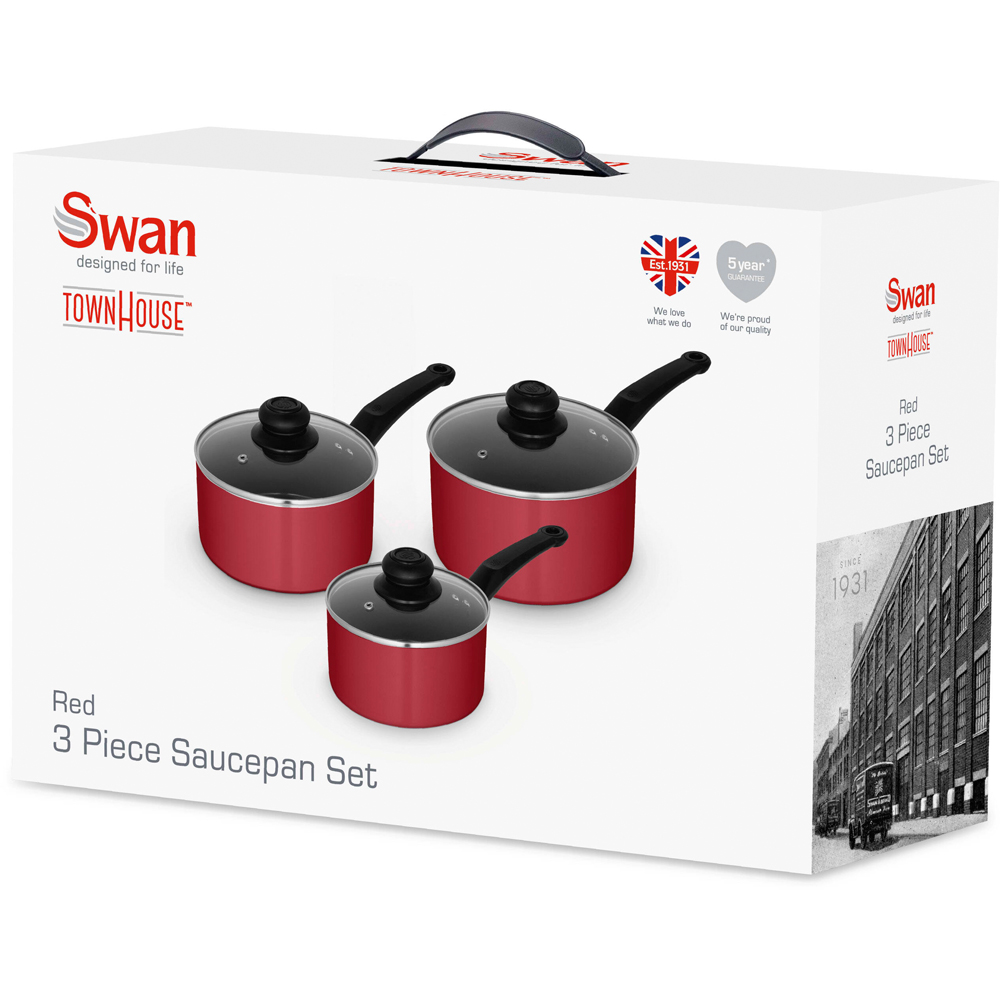 Swan Townhouse 3 Piece Red Aluminium Non-Stick Saucepan Set Image 3