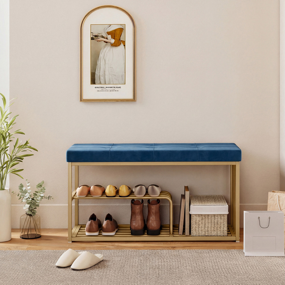 Portland 3 Shelf Dark Blue Shoe Rack Bench with Tufted Cushion Seat Image 3