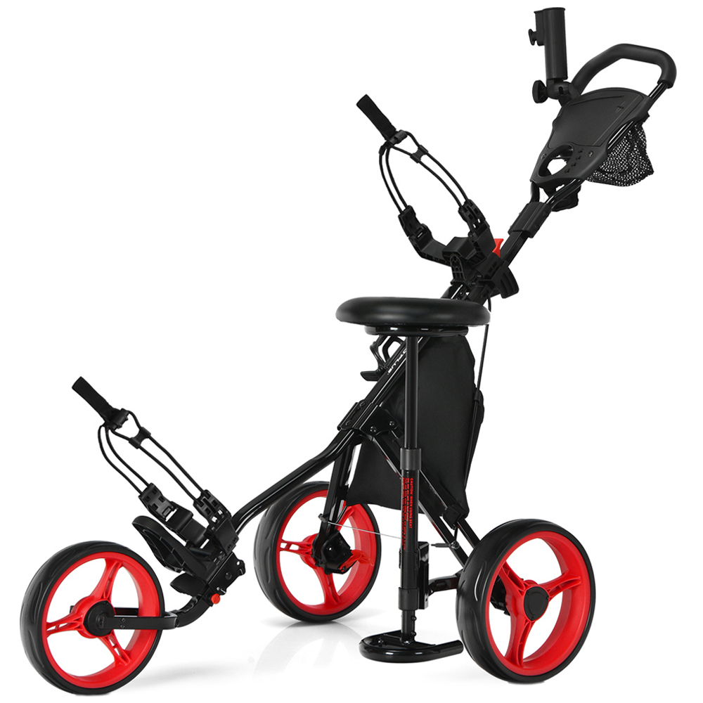 Costway Red Golf Push Pull Cart with Storage Bag and Foot Brake Image