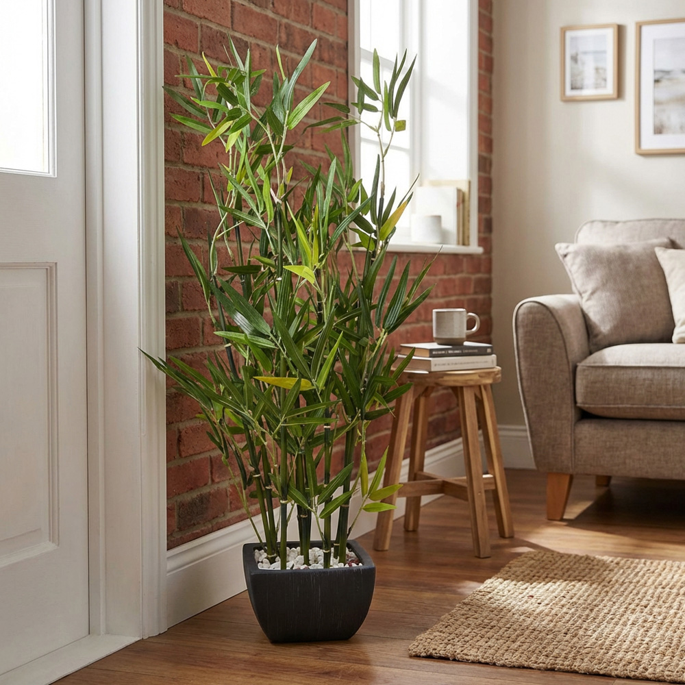 Artificial Green Bamboo Plant in Black Terracotta Pot with Pebbles Image 5