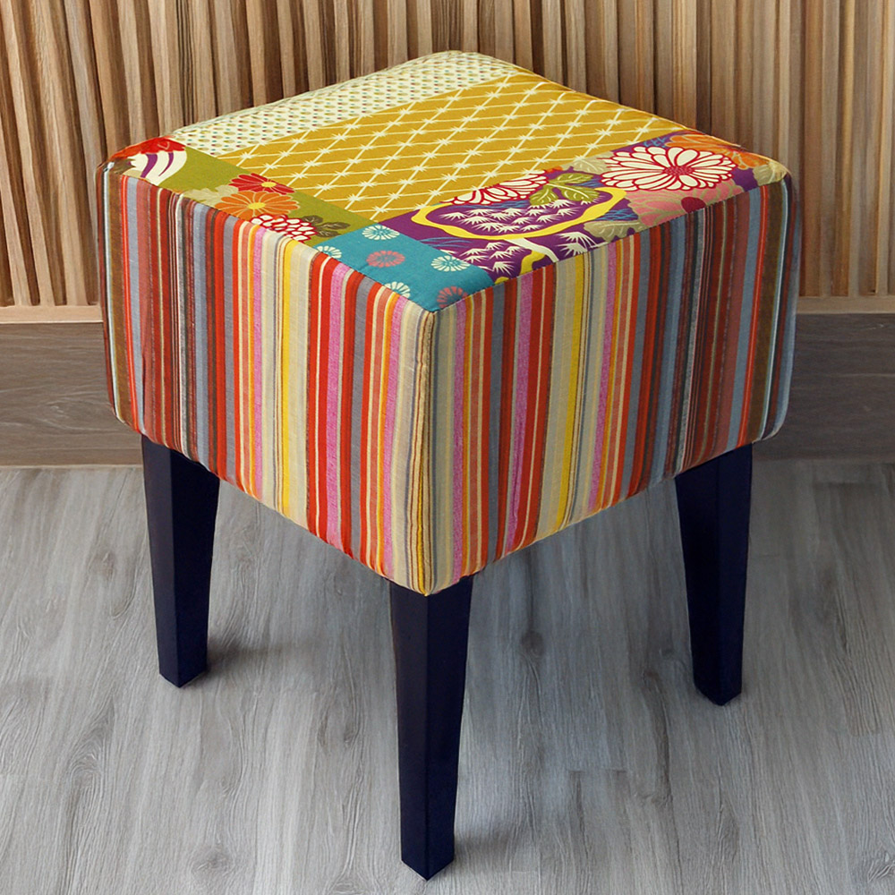 Watsons Patchwork Multicoloured Pouffe Padded Stool with Wood Legs Image 1