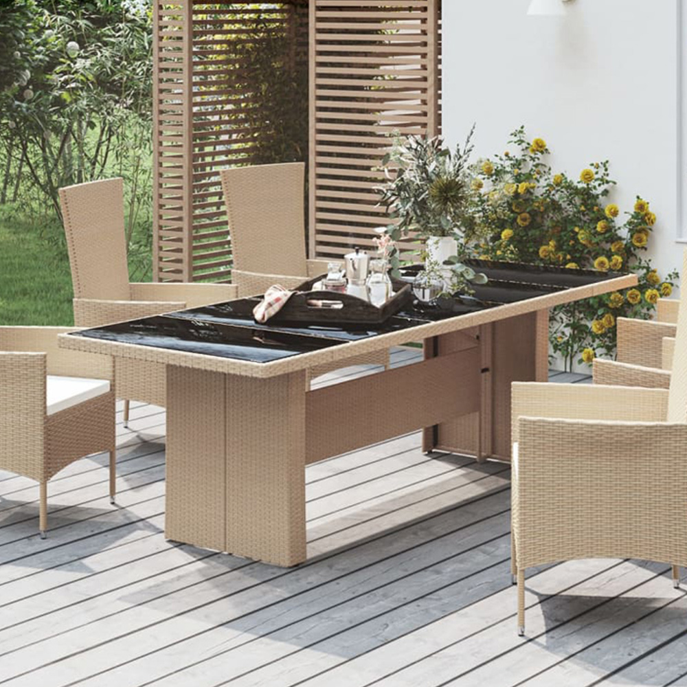 vidaXL 8 Seater Beige Polyrattan Tempered Glass Tabletop Garden Table Image 1