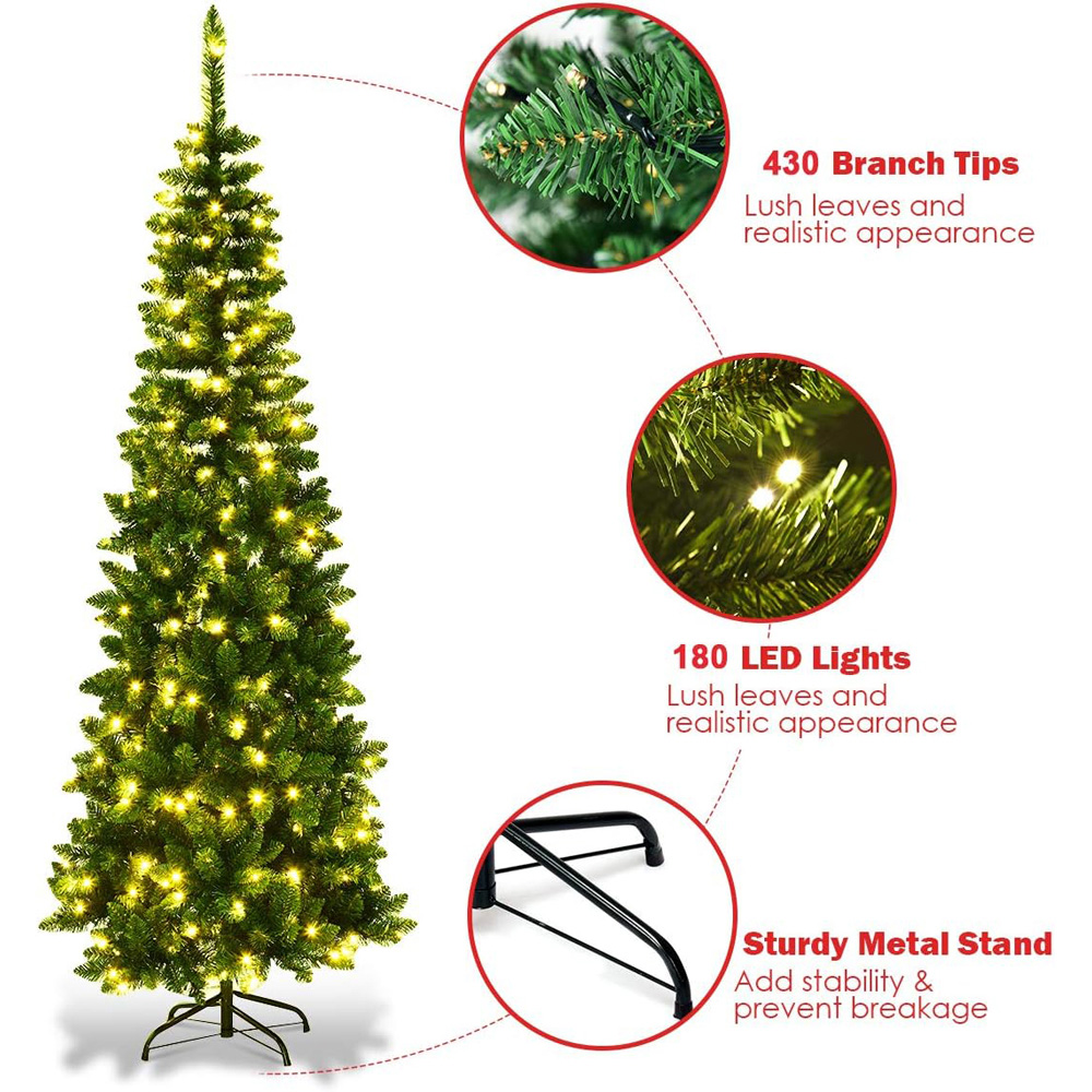 Shatchi Warm White LED Pre-Lit Slim Pencil Artificial Christmas Tree 6ft Image 4