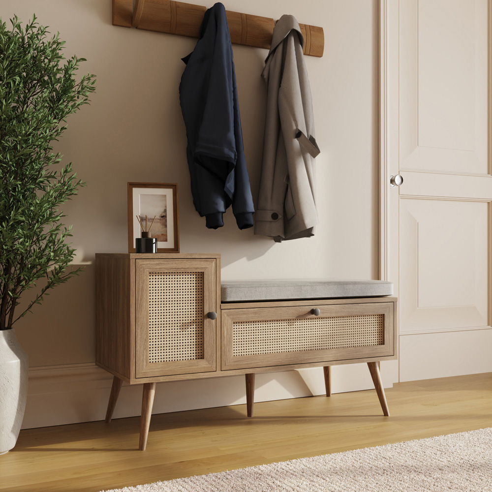 GFW Noor 2 Door Oak Rattan Shoe Cabinet with Cushioned Seat Image 8