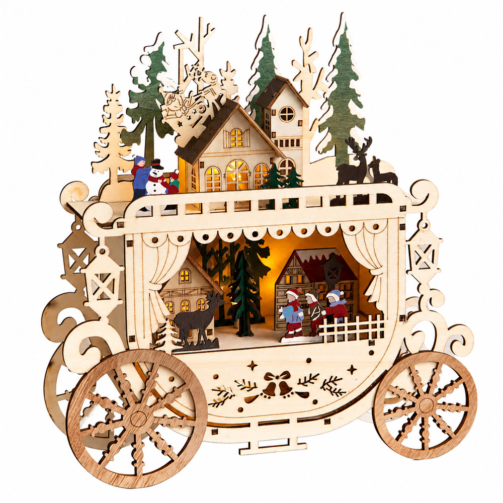 Samuel Alexander Warm White LED Wooden Christmas Carriage Village 25cm Image 1