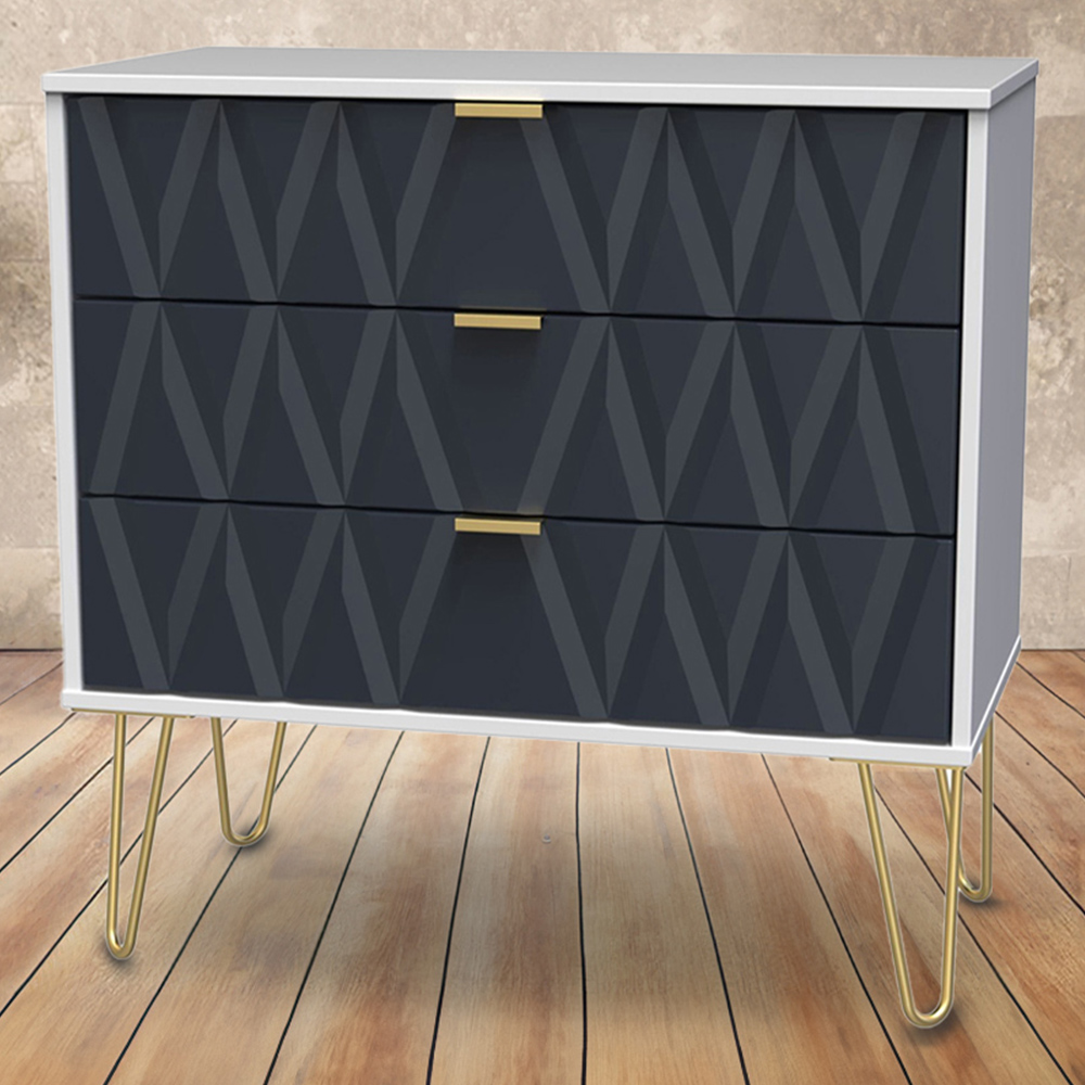 Crowndale Diamond 3 Drawer Matt Indigo and White Chest of Drawers Image 1