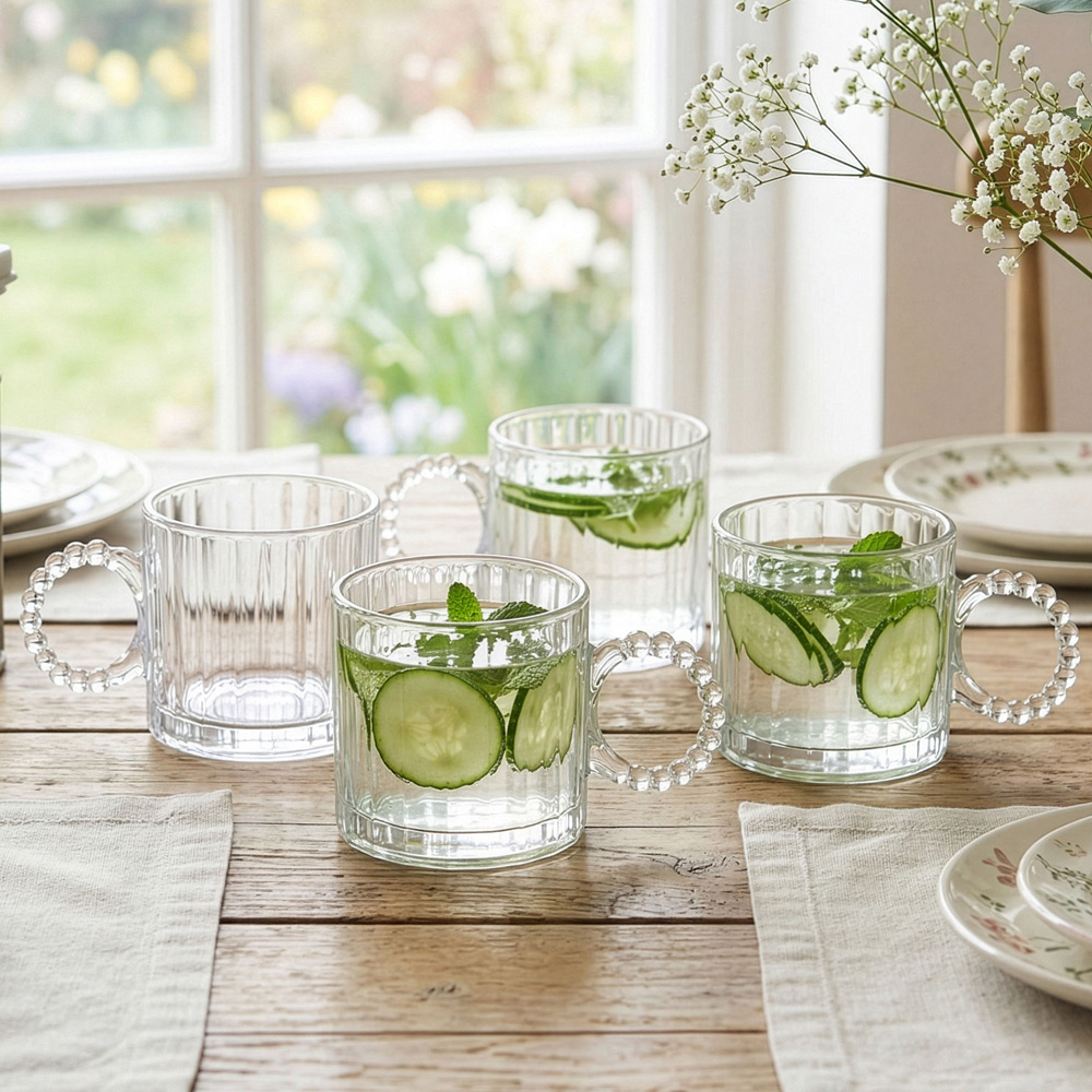 Dibor Bella Perle Embossed Ribbed Glass Mug Set 4 Pack Image 4