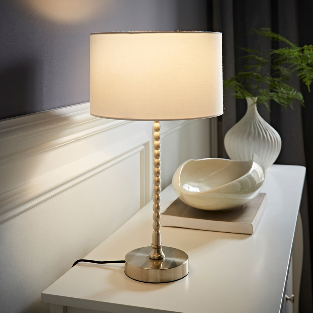 ValueLights Maeve White and Chrome Drum Shade Bobbin Bobble Table Lamp and LED Bulb Image 2