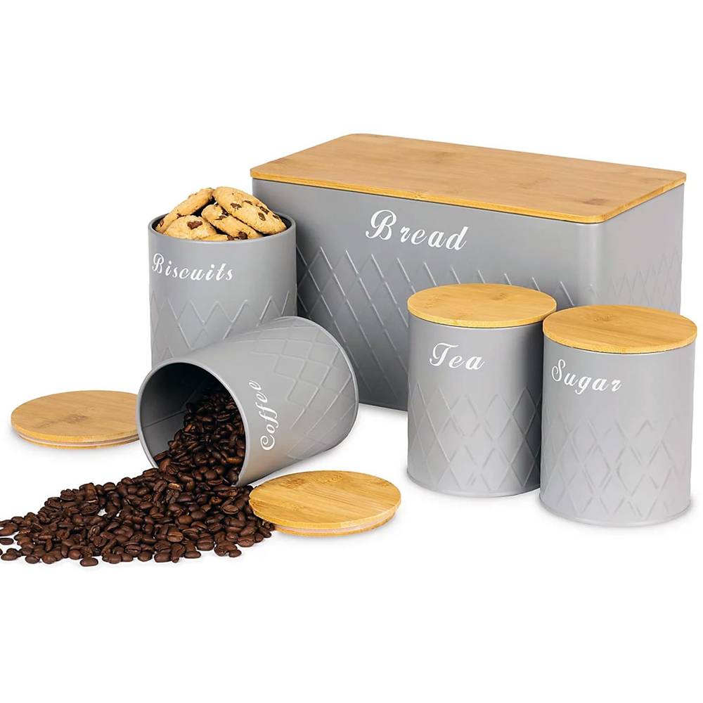 ATEK 5 Piece Grey Kitchen Canister Set with Bamboo Lids Image 1