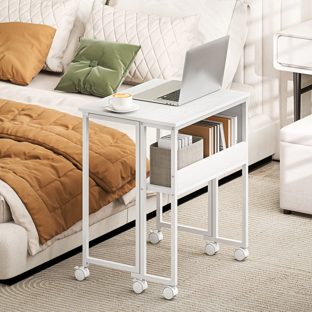 HOMCOM Single Shelf Foldable Computer Desk with Wheels and Side Bag White Image 7