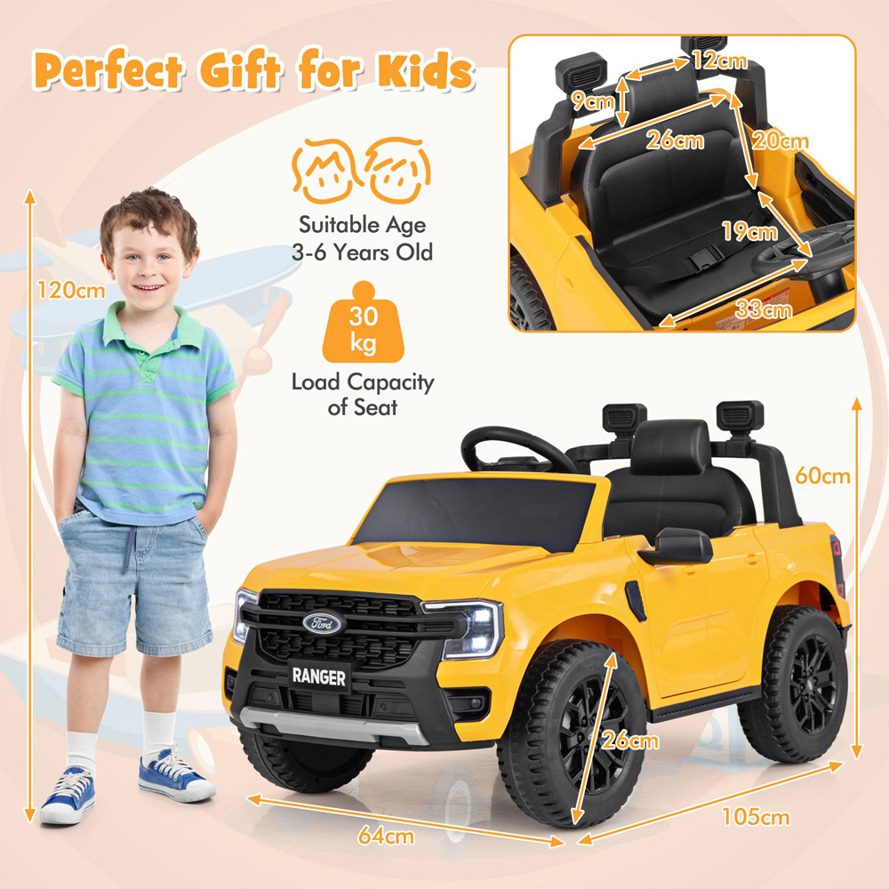 Costway Kids Yellow Licensed Ford Ranger Kids Ride On Car with Remote Control 12V Image 8