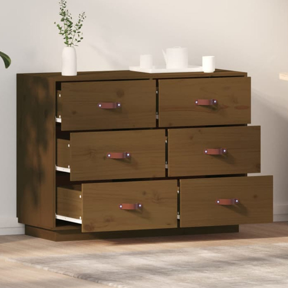 vidaXL 6 Drawer Honey Brown Pine Wood Sideboard Image 1