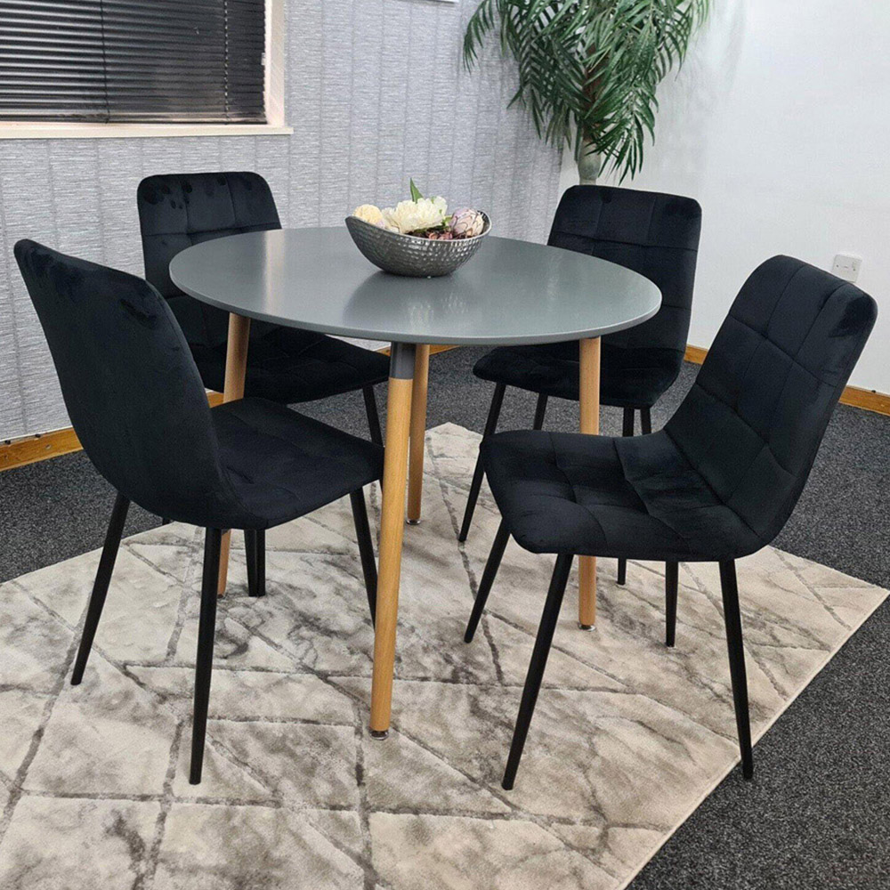 Portland Rocco 4 Seater Round Velvet Dining Set Grey and Black Image 1