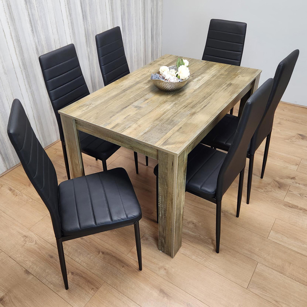Portland 6 Seater Dining Set Rustic Effect and Black Metal Image 1