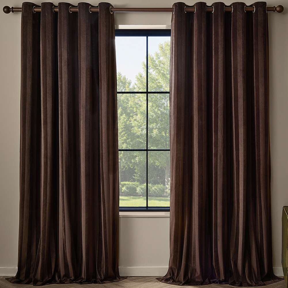 Paoletti Regency Chocolate Stripe Velvet Lined Eyelet Curtains 168 x 183cm Image 1
