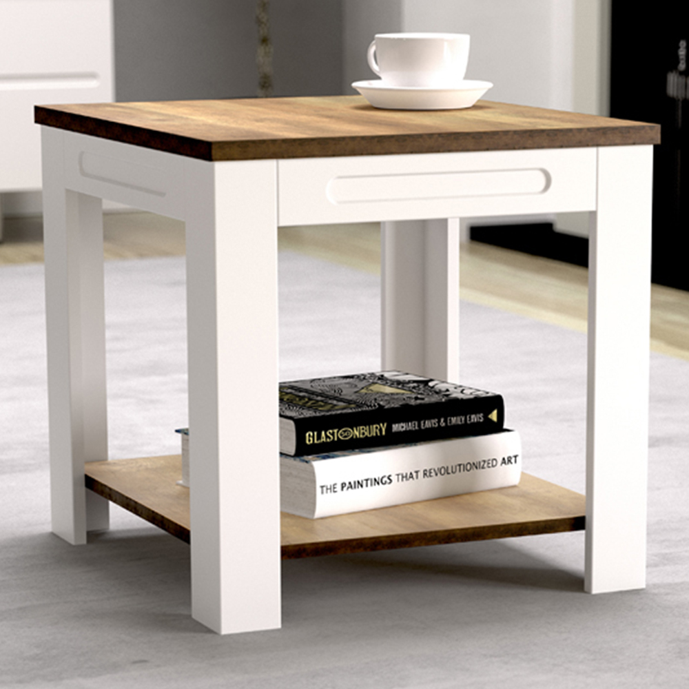 AVF Whitesands Satin White and Wood Side Table Image 1