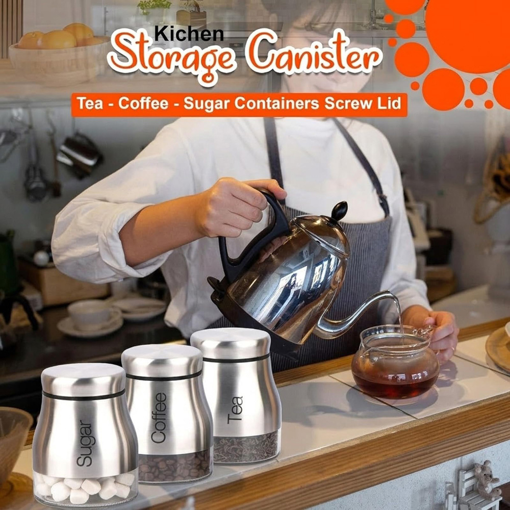 ATEK 3 Piece Tea Coffee and Sugar Silver Kitchen Canister Set Image 4