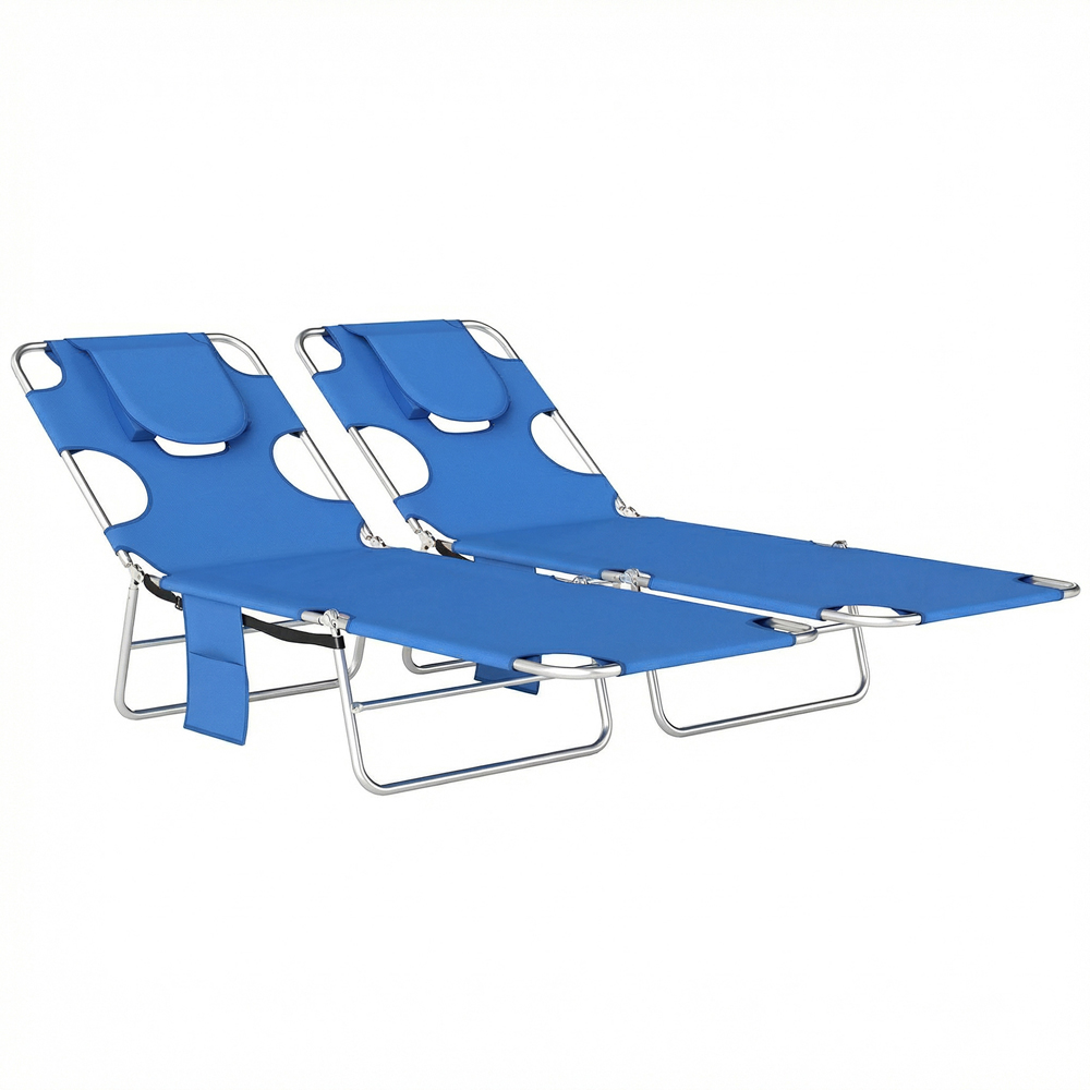 Outsunny Set of 2 Blue Foldable Sun Lounger with Reading Hole Image 2
