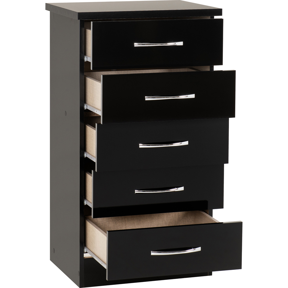 Seconique Nevada 5 Drawer Black Gloss Narrow Chest of Drawers Image 4