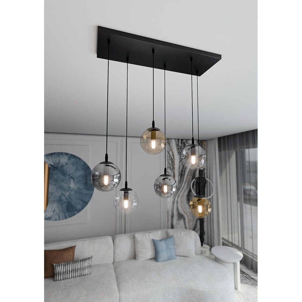 Emibig Cosmo 6 Light Transparent Graphite and Amber Shade Black E14 Ceiling Pendant Light Image 6
