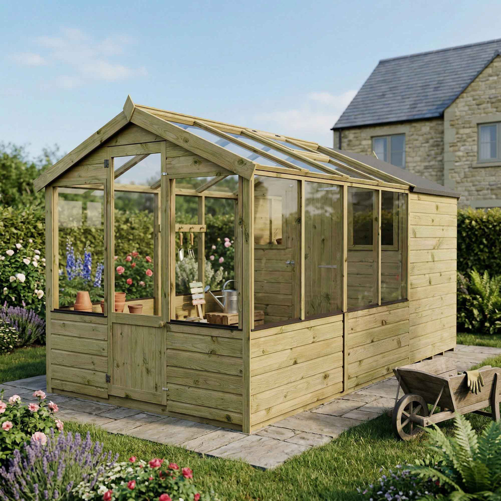 Mercia Wooden 12 x 6ft Traditional Apex Greenhouse Combi Shed Image 2