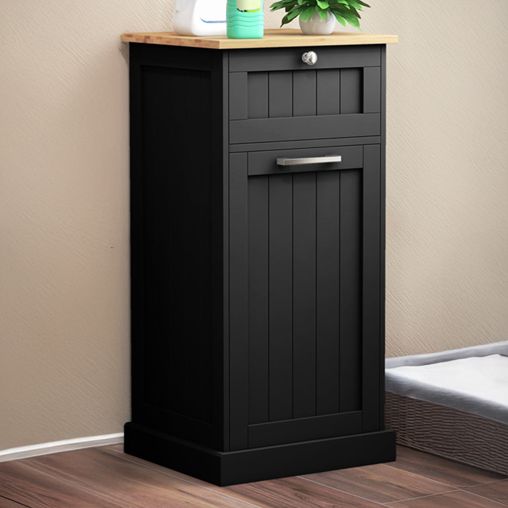 Costway Black Freestanding Laundry Cabinet with Basket Image 1
