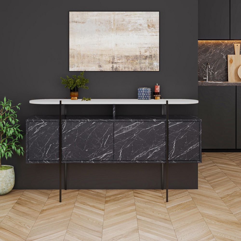 Decortie Hanley 4 Door Gloss Black and White Marble Effect Sideboard Image 4
