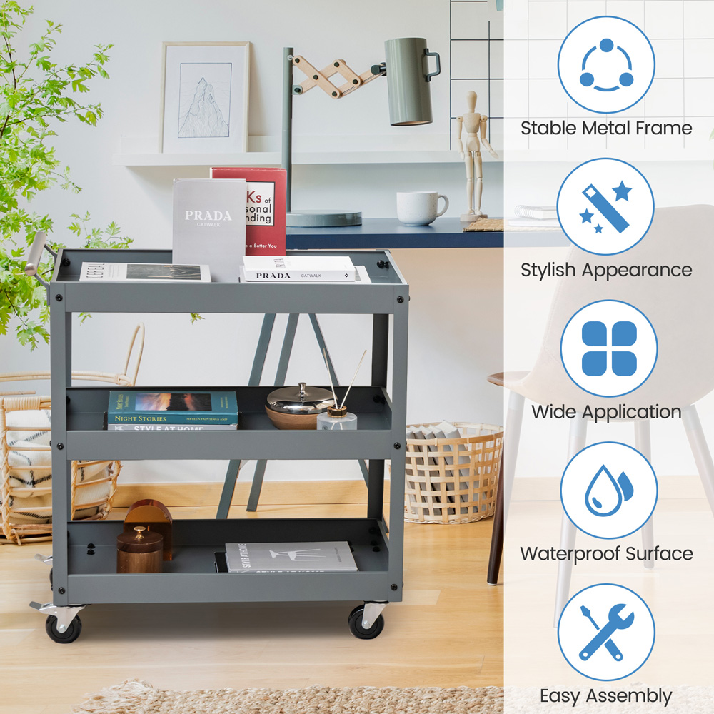 Costway 3 Shelf Grey Metal Utility Cart Image 7