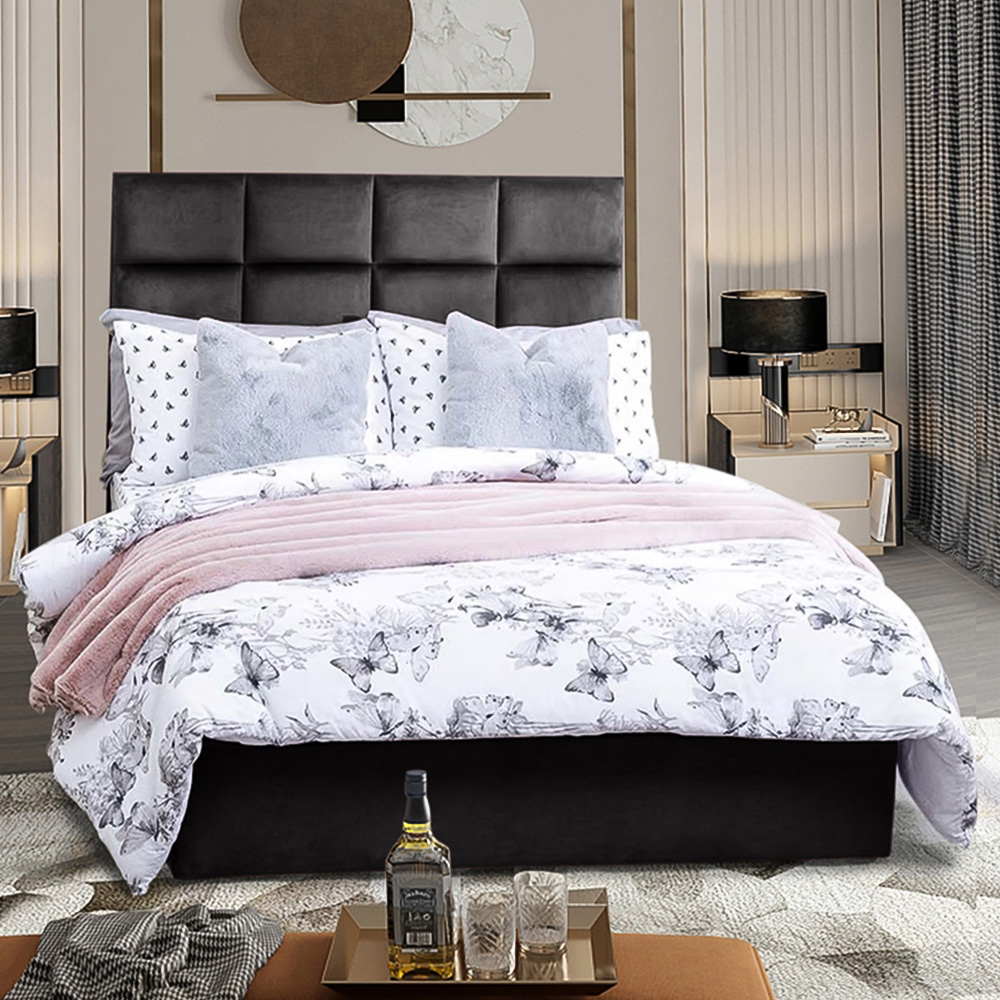 Eleganza Home Snoozer King Size Black Plush Velvet Divan Bed with Headboard Image 1