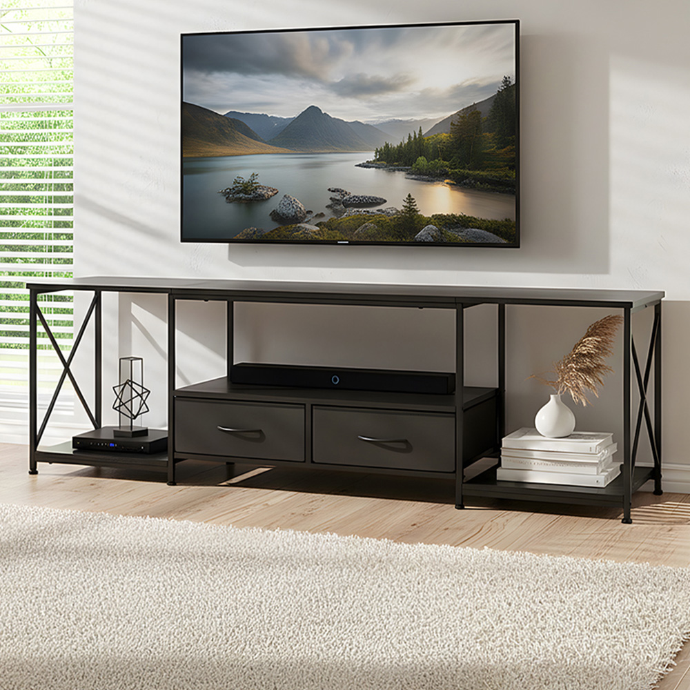 Living and Home 2 Fabric Drawer 3 Shelf Black Industrial TV Stand Image 1