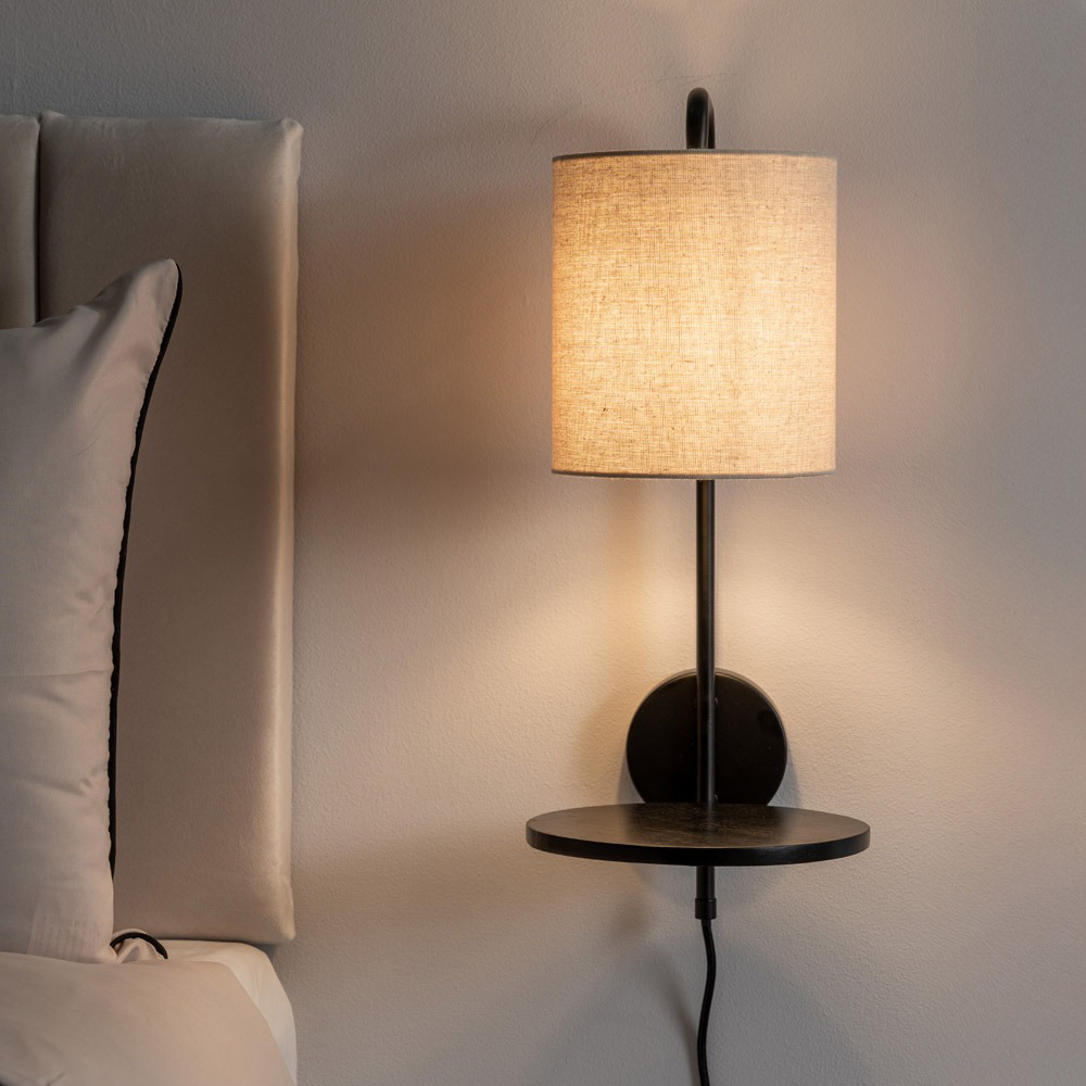 ValueLights Ryan Natural Linen Lamp Shade Black Metal LED Wall Light with Shelf Image 3