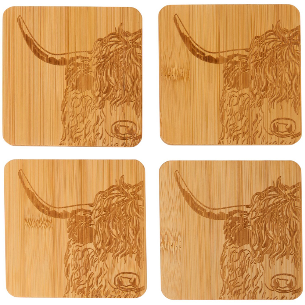 Pack of 4 Highland Cow Bamboo Coasters Brown Image 2