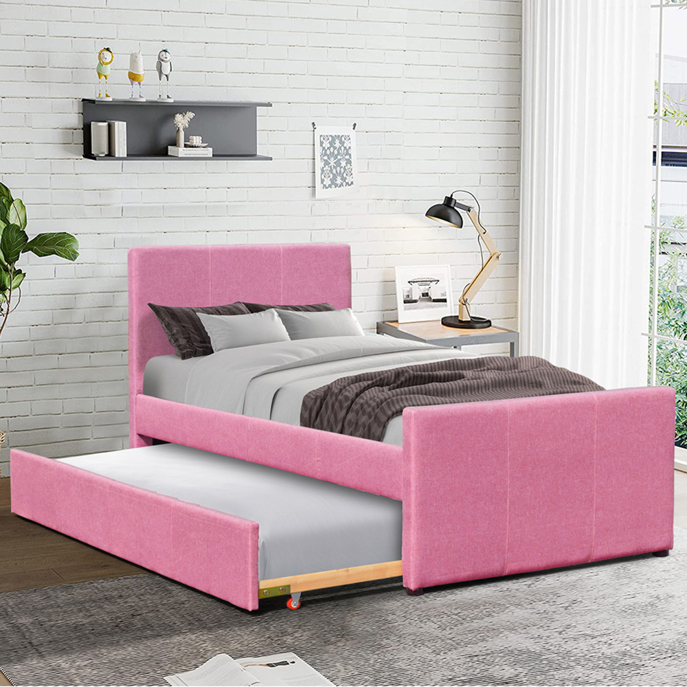 Brooklyn Single Pink Fabric Bed Frame With Trundle Image 1