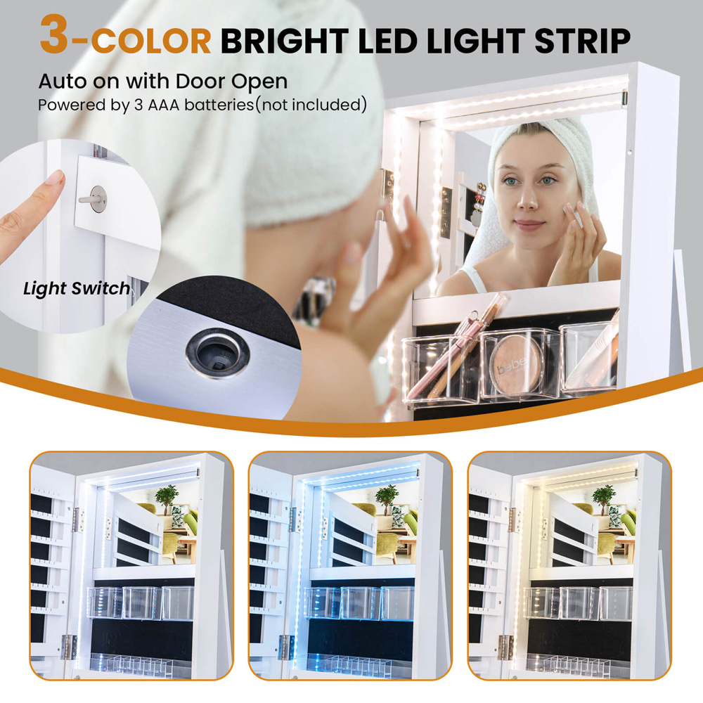 Costway White 3 Colour LED 360 Degree Mirrored Jewellery Armoire Image 5