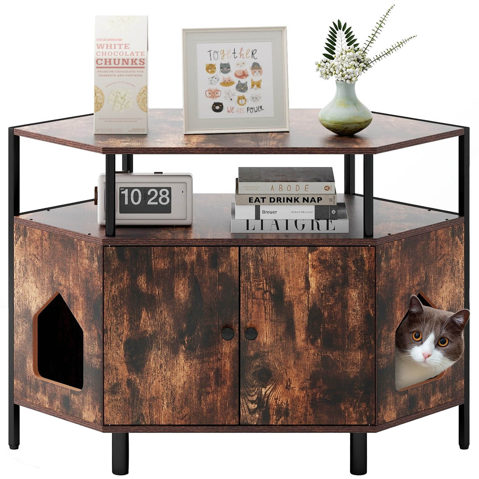 Costway Rustic Brown Corner Cat Litter Box Enclosure with Open Shelf Image 1