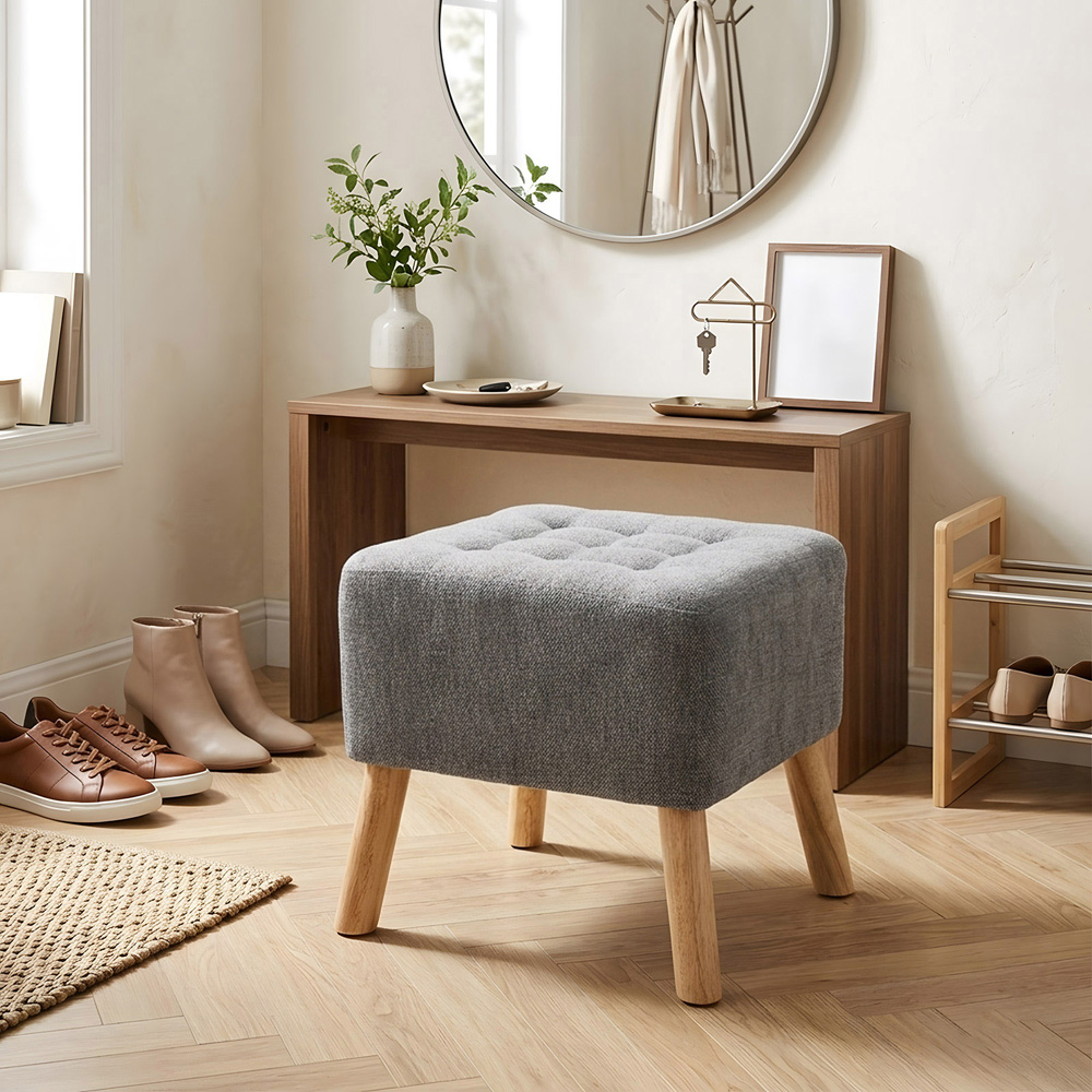 Living and Home Grey Chenille Button Tufted Square Footstool Image 8