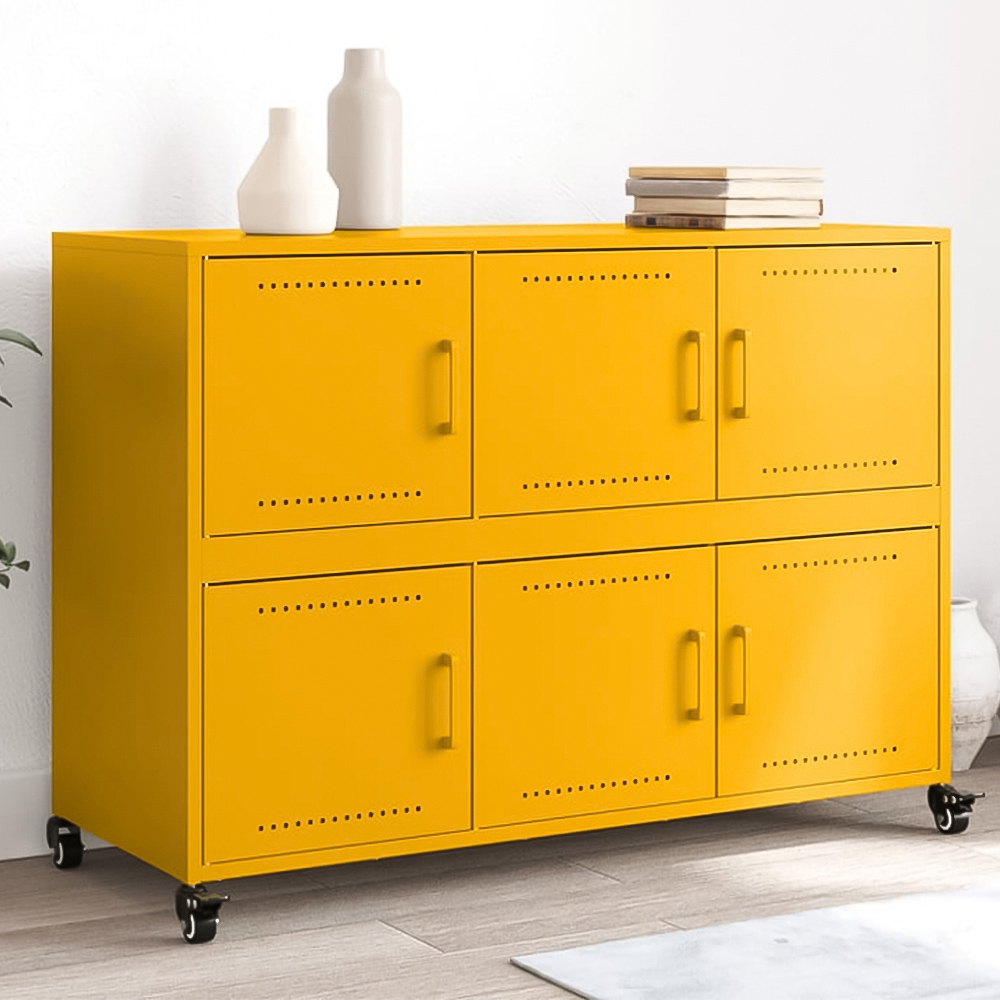 vidaXL 6 Door Mustard Yellow Metal Sideboard with Wheels Image 1