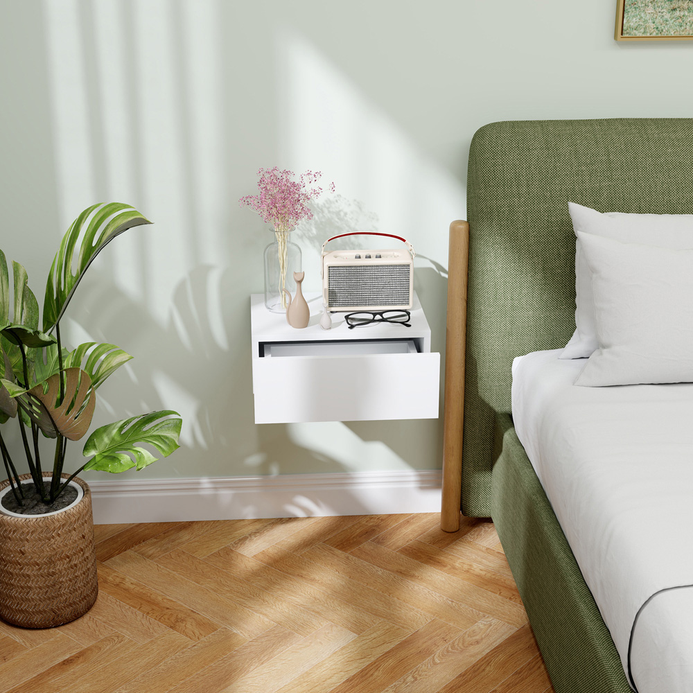 HOMCOM Single Drawer White Floating Wall-Mounted Bedside Table Image 6