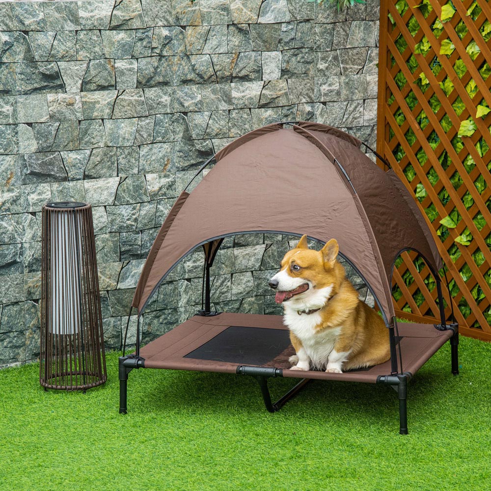 PawHut 92cm Coffee Elevated Dog Bed with UV Protection Canopy Image 2