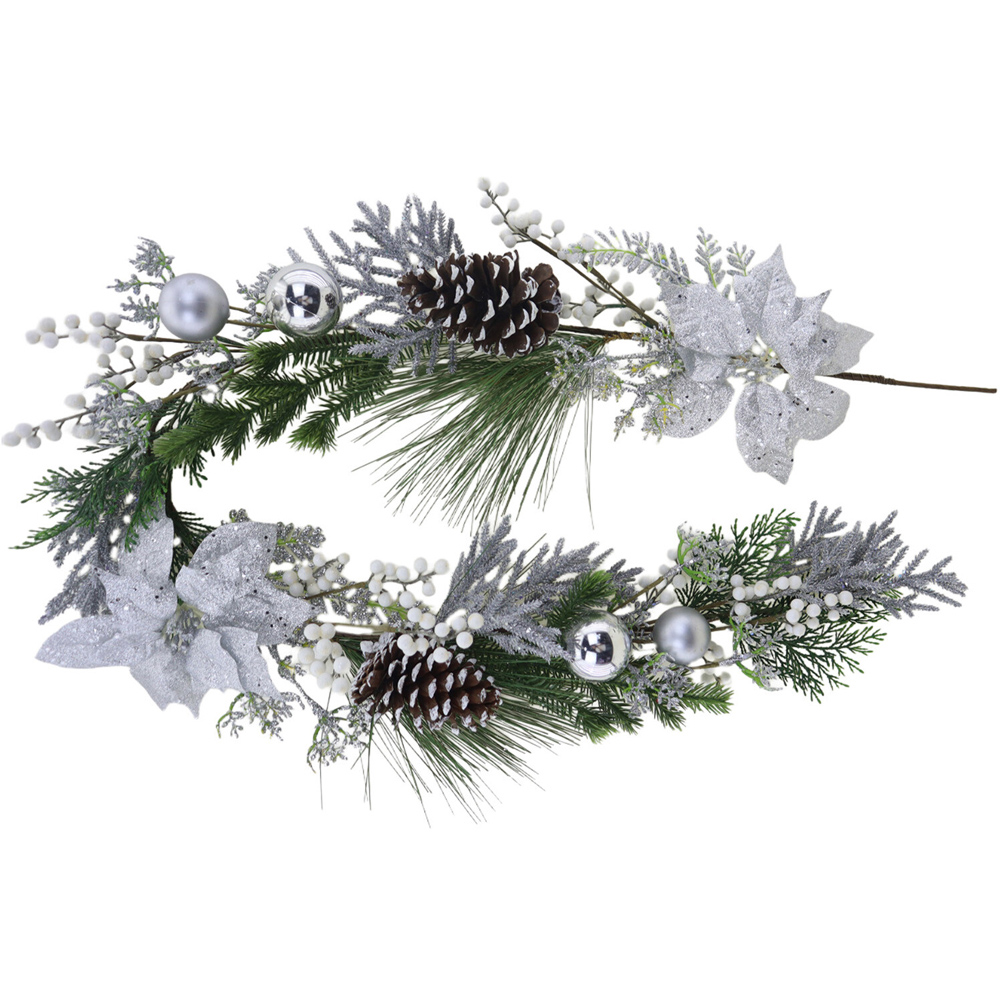 Pre-Lit Silver Poinsettia Garland Image 1