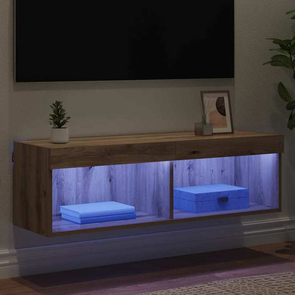 vidaXL 2 Shelf Old Wood Wall Mounted Wide TV Cabinet with LED Light Image 1