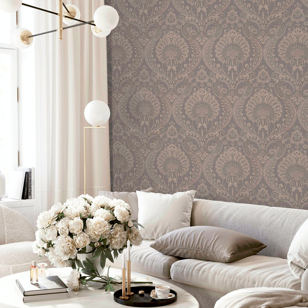 Arthouse Luxe Damask Chocolate Rose Gold Wallpaper Image 5