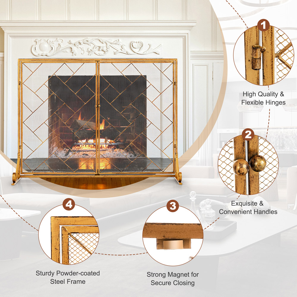 Costway 2 Panel Golden Double Magnetic Doors Mesh Fireplace Screen Image 6