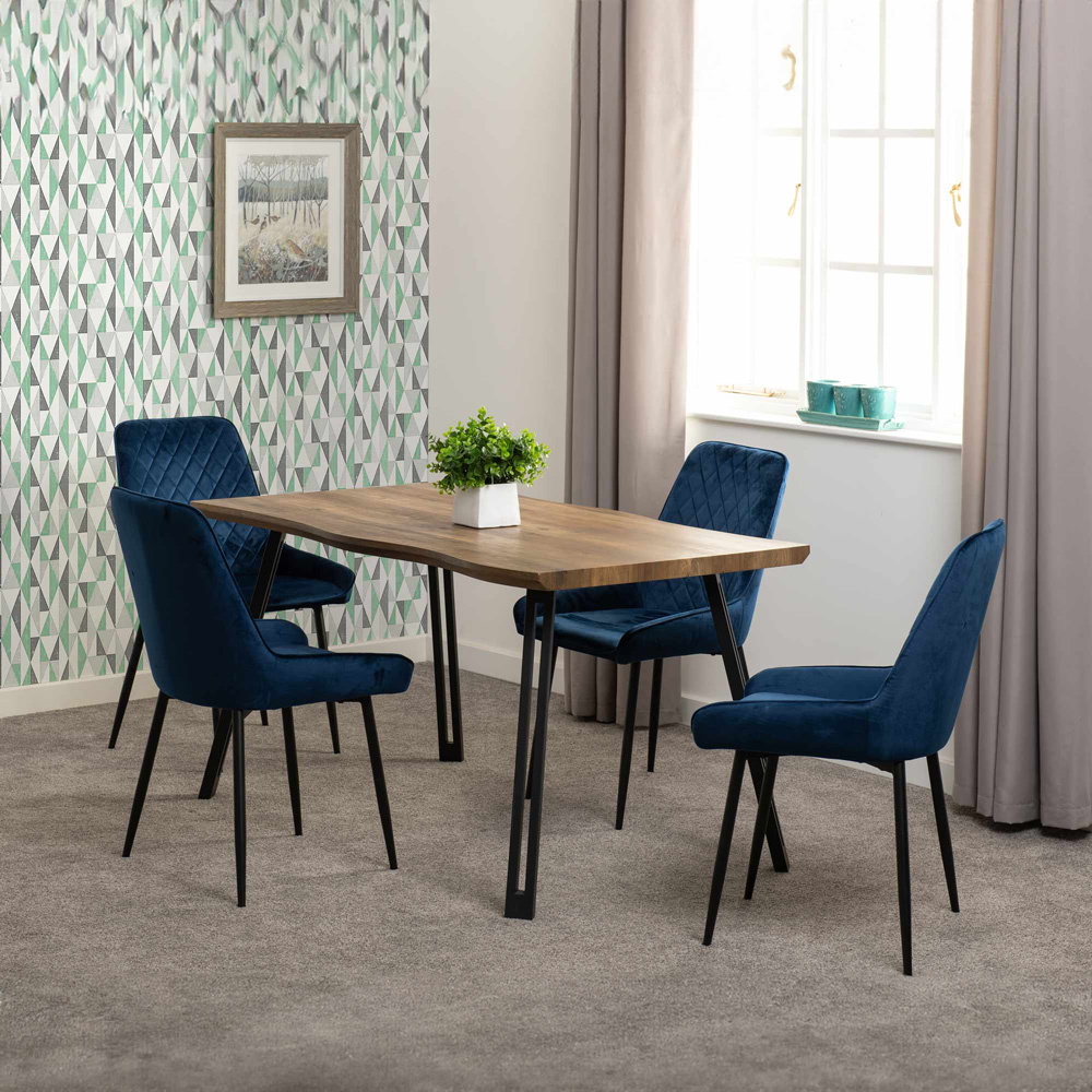 Seconique Quebec Wave Avery Velvet 4 Seater Dining Set Oak Effect and Sapphire Blue Image 7
