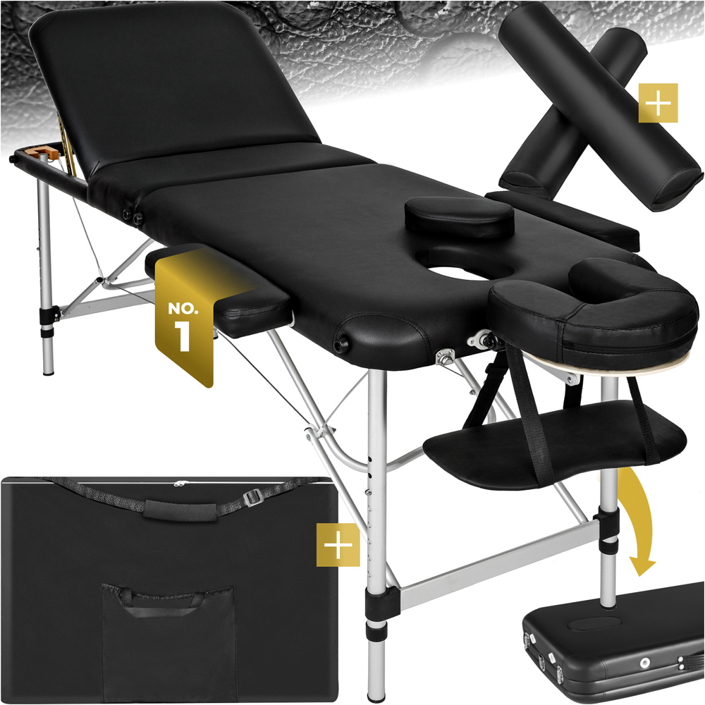 Massage Table - aluminium frame, carry bag, bolsters, head and armrests, folding - Black Image 3