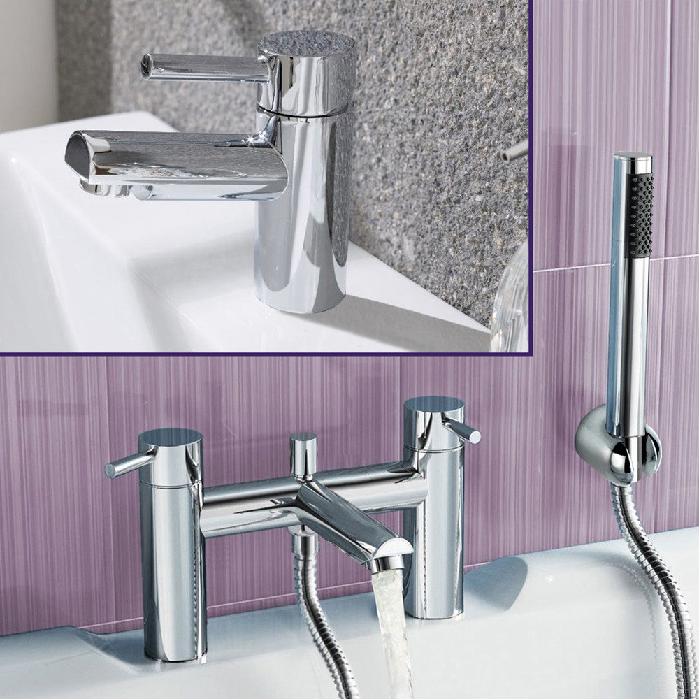 Nes Home Bridge Chrome Round Bath Shower Mixer with Handset and Basin Mixer Tap Image 2