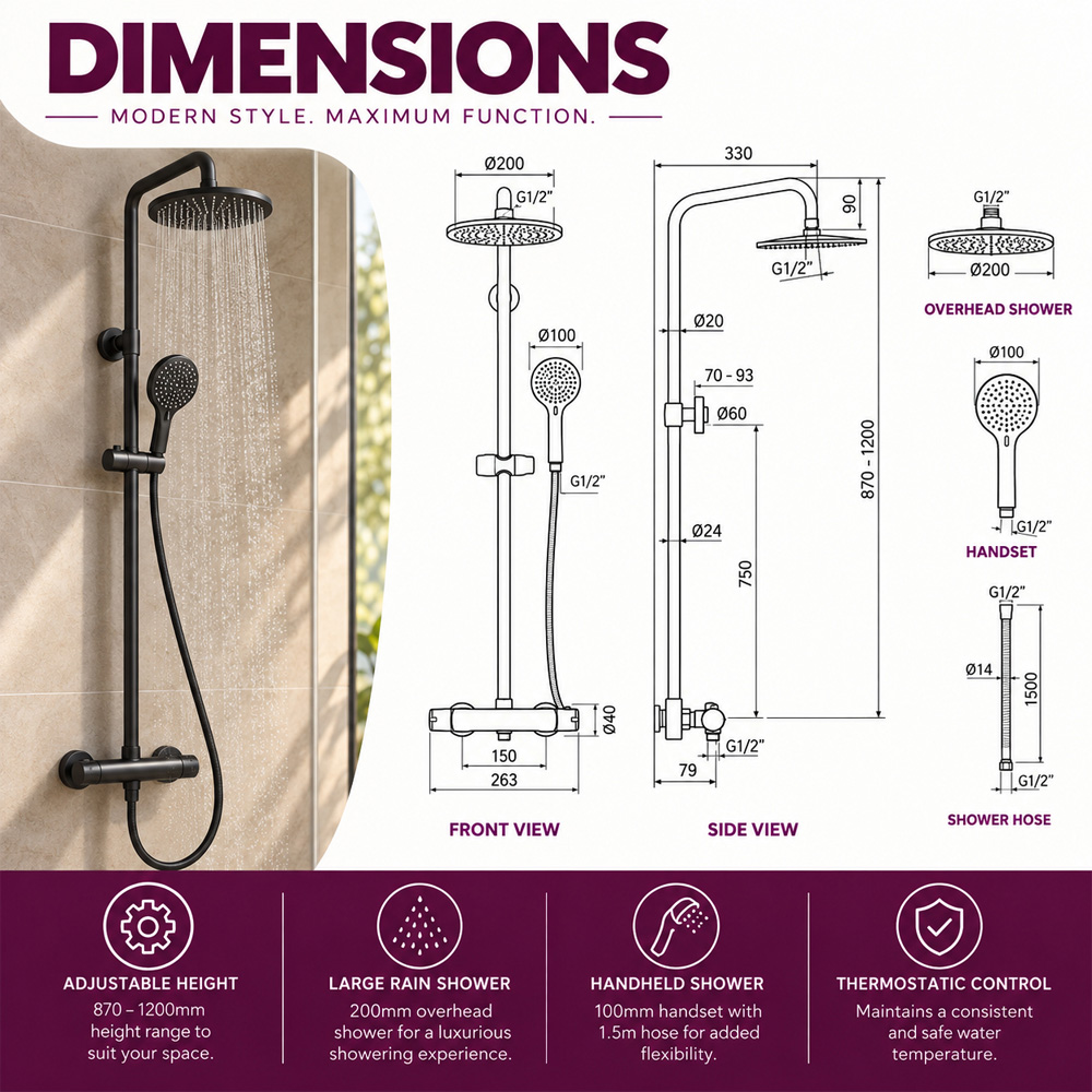 Go Bathrooms Matt Black Round Thermostatic Shower Kit Image 7