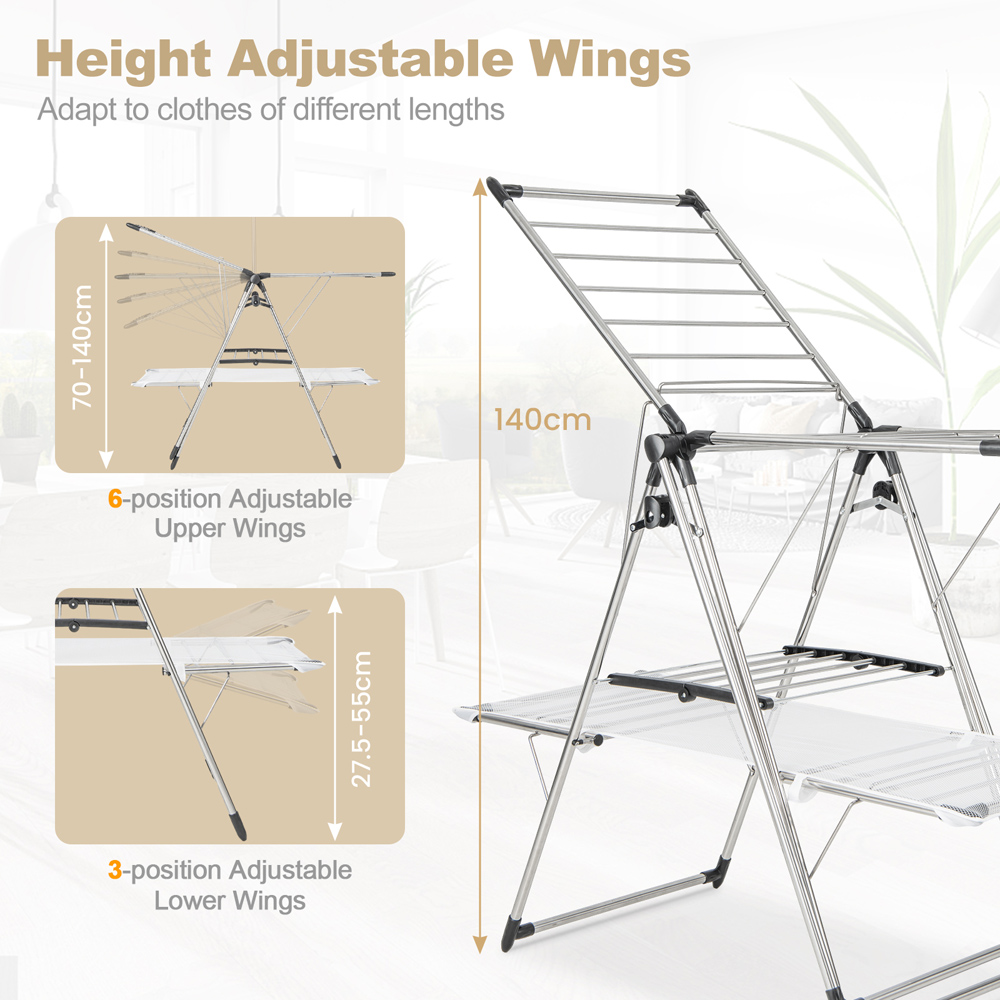 Costway 2 Tier Foldable Laundry Drying Rack with Hanging Bar Image 4